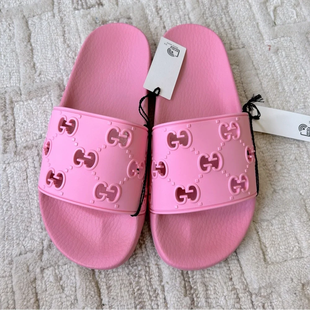 NIB Authentic Gucci Rubber GG Slide Sandals Slippers Rose 35 - Picture 1 of 5